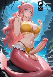 1futa 1girl ai_generated bare_shoulders big_breasts bikini blue_eyes blush breasts cleavage closed_mouth cock colored dick earrings erection from_front front_view futa_only futanari futanari/female futanarization hands_up jewelry large_breasts light_skin light_skinned_futanari long_hair looking_at_viewer mermaid monster_girl navel nickythecreator one_piece outdoors penis pink_hair precum rock sexy sexy_body sexy_pose shirahoshi sidelocks sitting solo stomach swimsuit testicles tits uncensored underwater veins veiny_penis water wavy_hair yellow_bikini