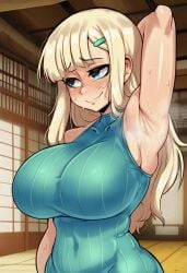 1girls 2d ai_generated arm_up armpit_fetish armpit_focus armpit_peek armpits big_breasts blonde_hair blush dojo embarrassed female female_focus female_only green_eyes green_sweater hair_ornament hairclip hi_res hibiki120 huge_breasts large_breasts light-skinned_female long_hair looking_aside looking_away looking_to_the_side lower_body_out_of_frame marvelous no_sleeves one_arm_up round_breasts senran_kagura senran_kagura_(series) showing_armpits smelly_armpits solo standing steam steaming_body sweat sweaty sweaty_body upper_body yomi_(senran_kagura)