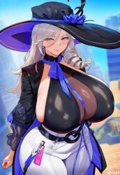 1girl 1girls abstract_background absurd_res absurd_resolution absurdres ai_generated ass ass_focus big_ass big_breasts breasts breasts_out expressionless female female_focus female_only first_porn_of_character grey_eyes hi_res high_quality high_resolution highres huge_ass huge_breasts jiuyuan_(neverness_to_everness) mature mature_female meiogun multicolored_hair neverness_to_everness pants solo solo_female solo_focus standing thick_thighs thighs white_hair wide_hips