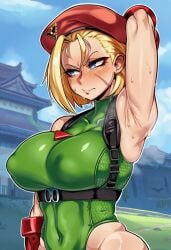 1girls 2d ai_generated arm_up armpit_fetish armpit_focus armpit_peek armpits big_breasts blonde_hair blue_eyes blush cammy_white capcom embarrassed female female_focus female_only gloves green_clothing hat hi_res hibiki120 huge_breasts large_breasts long_hair looking_aside looking_away looking_to_the_side lower_body_out_of_frame military military_uniform one_arm_up outdoors outside red_gloves round_ass scarf showing_armpits smelly_armpits solo standing steam steaming_body street_fighter sweat sweaty sweaty_body tied_hair upper_body
