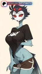 1girl 1girls 2026 ai_generated artist_name black_hair boobs breasts bust chest electroworld female female_only genderswap genderswap_(mtf) gradient gradient_background helluva_boss hi_res high_quality high_resolution highres patreon patreon_username red_eyes shirt solo stable_diffusion stolas_(helluva_boss) tits watermark