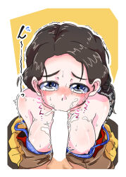 1boy 1girl blue_eyes blush bra_pull breasts breasts_out brown_hair censored cum_in_mouth fellatio girls_und_panzer hamada_kiyo hetero large_breasts looking_at_viewer nipple_slip nipples penis pov sweat tears ten_musu_inu