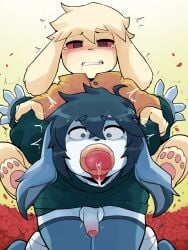 all_the_way_through anal anthro arm_pull bakap bandage blue_body blue_eyes blue_fur bodily_fluids cave_story clenched_teeth clothed clothed_sex clothing drugged duo foreskin frosh fur genitals hi_res horu_111 lagomorph long_ears long_penis male male/male mammal mimiga oral penetration penis penis_in_mouth red_eyes saliva scared sex shocked substance_intoxication tears teeth tongue tongue_out white_body white_fur yellow_body yellow_fur