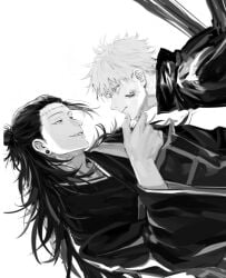 2boys angry annoyed blood_on_face gay holding_chin jujutsu_kaisen kenjaku mocking restrained satoru_gojo smirking stitches teasing toying toying_partner vulnerable