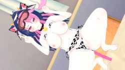 1girls animal_ears big_breasts blue_hair catgirl cow_bikini cow_print cow_print_bikini double_v female female_focus female_only hispanic_virtual_youtuber hispanic_youtuber indie_virtual_youtuber koikatsu latam_virtual_youtuber light-skinned_female light_skin long_hair mole nipples panther_girl peace_sign pink_eyes pink_hair pussy semi_clothed semi_nude shura_hiwa squatting two_tone_hair vagina virtual_youtuber