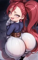 1girl 1girls ai_generated aiba_manami ass_focus big_ass boots bowtie brat bratty breasts corset earrings fat_ass female female_only gloves jewelry la_brava_(my_hero_academia) looking_at_viewer looking_back mesugaki mrnails my_hero_academia pants pink_eyes rear_view red_hair see-through_clothing shirt shortstack simple_background solo solo_female thick_thighs tight_clothing tight_pants twintails wide_hips