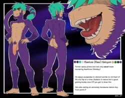 2020 5_fingers 5_toes absurd_res anthro balls cbl_art crotch_tuft dialogue english_text feet fingers flaccid foreskin fur furry_only genitals green_eyes green_hair hair hands_on_hips haplorhine hi_res humanoid_feet humanoid_genitalia humanoid_hands humanoid_penis male mammal model_sheet monkey mouth_shot nipples nude open_mouth penis pink_tongue primate purple_body purple_fur rastos_halcyon solo standing text toes tongue toothy_grin tuft uncut