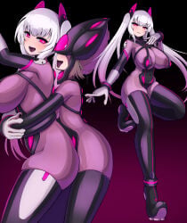 1boy 2girls absurdres age_difference ass black_background black_bodysuit blush bodysuit boots breasts brown_hair celestia_quartz corruption covered_navel covered_nipples dark_persona elbow_gloves evil_quartz futa_with_female futanari giant giantess gloves grabbing_from_behind gradient_background gradient_hair headset hetero highres hug hug_from_behind huge_breasts impossible_bodysuit impossible_clothes kitasshi large_breasts latex latex_bodysuit long_hair looking_at_viewer mask multicolored_hair multiple_girls onee-shota open_mouth original pink_bodysuit pink_eyes pink_hair purple_background purple_bodysuit purple_eyes short_hair sidelocks skin_tight skindentation smile squid_slave_helmet standing teeth thighhighs twintails white_gloves white_hair