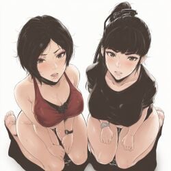 2girls ada_wong ai_generated barefoot capcom crossover eve_(stellar_blade) feet female female_only kneeling leo_dawg pov resident_evil soles stellar_blade thick_thighs toes wide_hips