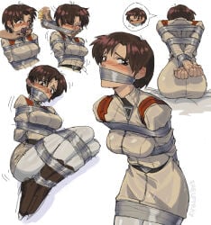 1girls arms_tied arms_tied_behind_back blushing bondage bound bound_ankles bound_arms bound_legs bound_wrists breast_squish breasts clothed clothing duct_tape duct_tape_gag gag legs_tied maya_ibuki neon_genesis_evangelion pantyhose restrained shelftray short_hair stockings stuffed_mouth_gag tape tape_bondage tape_gag thighs tied_up uniform
