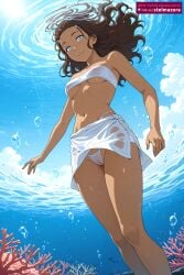 1girl 1girls ai_assisted ai_generated air_bubble avatar_the_last_airbender bandeau bare_shoulders blue_eyes breasts brown_hair bubble cameltoe closed_mouth cloud coral covered_nipples dark-skinned_female dark_skin day female female_only freediving from_below hair_ornament hairclip katara long_hair looking_at_viewer medium_breasts navel nickelodeon nicktoons nipples ocean outdoors panties sarong see-through sky smile solo stelmazura strapless tube_top underboob underwater water wet wet_clothes