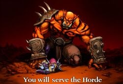 1boy 1girl ai_generated armor bald_male blizzard_entertainment blonde_hair blue_skin bustybunz colored_skin domination elf_ears english_text garrosh_hellscream giant_male hood imminent_rape muscular muscular_male night_elf pointy_ears rape rough shoulder_armor size_difference spiked_armor spikes sylvanas_windrunner tagme teeth tiny_female tusks undead world_of_warcraft