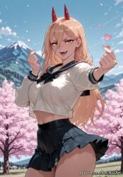 1girl 2026 ai_generated alternate_breast_size anime beckoning black_skirt blonde_hair blue_sky boobs bow bowtie breasts chainsaw_man cherry_blossoms cleavage cowboy_shot crop_top crop_top_overhang crossover day demon_horns eye_contact fangs female female_focus hair_between_eyes heart highres horns huge_breasts large_breasts long_hair long_sleeves looking_at_viewer midriff miniskirt moaning mountain navel nsfw open_mouth outdoors panties pantyshot patreon patreon_username pleated_skirt power_(chainsaw_man) red_horns rognezart sailor_collar school_uniform serafuku sharp_teeth shirt skirt sky smile smiling solo standing symbol-shaped_pupils teeth tree underwear very_long_hair white_panties white_shirt yellow_eyes
