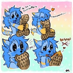 1:1 anthro astral_(jeddy) blue_body blue_fur food fur gurocuck hi_res humor male monster_energy multicolored_body multicolored_fur no_pupils rain_world slugcat solo syrup videocult waffle yellow_body yellow_fur