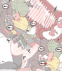 1girls absurdres bar_censor bed black_gloves black_legwear black_shorts black_thighhighs blonde_hair blush breasts caesar_king_(zenless_zone_zero) censored cleavage clothed_sex clothes_lift clothing crop_top cross_section cum cum_in_pussy cum_in_uterus cum_inside erection female french_kiss futa_with_female futanari gloves green_hair hair_between_eyes hair_ornament hand_holding heart highres horns jacket kiss large_breasts leg_lock long_hair looking_at_another luciana_de_montefio lying mating_press missionary multiple_girls navel on_back on_bed open_mouth penetration penis physisyoon pussy red_eyes sex shirt_lift shorts side_ponytail simple_background small_breasts spread_legs testicles thighhighs uterus vaginal vaginal_penetration zenless_zone_zero zipper