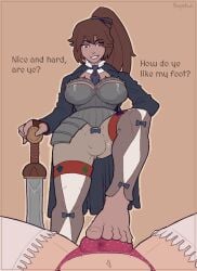 1boy 1futa armor barefoot brigand_(tales_of_androgyny) bulge bulge_through_clothing commission dialogue dickgirl dominant dominant_female dominant_futa feet femboy foot_fetish footjob futa_sans_pussy futadom futanari hiro_(tales_of_androgyny) intersex kepchuk laying_down laying_on_back lipstick malesub panties precum smiling standing stepped_on stepping_on_penis stockings sword tales_of_androgyny
