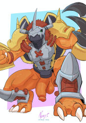 2026 abs absurd_res anthro armor balls bandai_namco biceps big_muscles biped bodily_fluids breastplate claw_(weapon) clawed_gauntlets claws clothing crouching digimon digimon_(species) dinosaur gauntlets genital_fluids genitals gloves green_eyes half-erect handwear headgear helmet hi_res horn horned_helmet humanoid_genitalia humanoid_penis male mask melee_weapon muscular muscular_anthro muscular_male negy nude pecs penis precum prehistoric_species reptile scalie simple_background solo thick_penis toe_claws wargreymon weapon