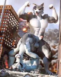 2026 3d_(artwork) anthro balls bigkami blender_(artwork) canid canine canis curling_toes destruction digital_media_(artwork) dominant duo erection feet fire flexing flexing_bicep flexing_both_biceps flexing_muscles foot_fetish foot_on_face foot_play foot_sniffing genitals hi_res holding_leg macro male male/male male_dominating_male mammal micro muscular muscular_male penis rampage smoke sniffing toes tongue tongue_out vehicle wolf worship