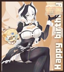 ozen made_in_abyss lyza_(made_in_abyss) female solo_focus female_only 2girls black_and_white_hair two-tone_hair short_hair big_breasts cleavage honey yuk_iji honey_on_breasts honey_on_body pancake arm_under_breasts huge_breasts thighhighs stockings garter_straps sitting black_thighhighs black_legwear white_body white_skin black_eyes expressionless looking_at_viewer maid_uniform maid alternate_costume hair_between_eyes crossed_legs body_markings sheer_legwear food waitress