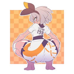 1girls anus ass bea_(pokemon) big_ass big_butt blush cameltoe clothed clothing_skin curvy_figure eye_contact feet female grey_eyes grey_hair hair_ribbon human kaikoinu large_ass looking_at_viewer looking_back nintendo pokemon pokemon_ss pose pussy short_hair shorts solo squatting sweat thick_thighs thighs tight_clothing triangular_anus