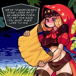 blonde_hair clothed clothed_female comic_page english_text hood hourglass_figure muscular muscular_female odin_sphere pixel_art purple_eyes reading red_hood scroll text thighhighs valmar velvet_(odin_sphere)