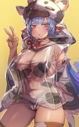 2020 animal_humanoid big_breasts blue_hair bovid bovid_humanoid bovine bovine_humanoid bow_(bhp) breasts camel_toe cattle_humanoid catura_(granblue_fantasy) clothing cygames draph ear_piercing female gesture granblue_fantasy hair hand_gesture hat headgear headwear humanoid mammal mammal_humanoid pasties piercing redraw simple_background solo translucent translucent_clothing v_sign