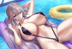 1girls ai_generated brutoaimage female female_only honkai:_star_rail huge_breasts inflatable_raft large_breasts long_hair lying pool purple_eyes sling_bikini slingshot_swimsuit solo the_herta_(honkai:_star_rail)