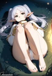 1girl ai_generated barefoot bush earrings elf feet female female_only fireflies forest frieren grass jewelry long_hair nature night on_grass on_ground outdoors panties plant pointy_ears solo sousou_no_frieren sunori toes tree tree_stump twintails underwear white_panties