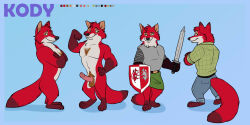 anniehyena_(artist) anthro armor athletic athletic_male balls barefoot belt big_penis bottomwear brown_body brown_fur canid canine chest_markings circumcised claws clothing confident_male crossed_arms denim denim_bottomwear denim_clothing erection feet finger_claws flexing fox front_view fur genitals gloves_(marking) green_clothing green_shirt green_topwear hand_on_hip head_tuft hi_res holding_melee_weapon holding_object holding_shield holding_sword holding_weapon jeans kilt kody_rowan_(character) long_tail looking_back male mammal markings melee_weapon model_sheet muscular muscular_male nude pants pecs penis pose rear_view red_body red_fox red_fur shield shirt side_view simple_background smile smirk sword tail topwear true_fox tuft weapon white_body white_fur