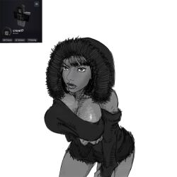 roblox roblox_avatar grey_body big_breasts big_thighs teasing expressionless hand_under_breast