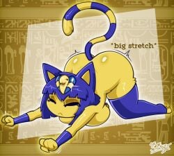1girls 2025 2d 2d_(artwork) animal_crossing ankha ankha_(animal_crossing) anthro ass ass_up bent_over breasts cat_ears cat_girl cat_tail catgirl closed_eyes color colored digital_drawing_(artwork) digital_media_(artwork) english_text felid feline feline_humanoid felis female female_only humanoid motion_lines naked naked_female nintendo nude nude_female solo solo_female sparkle stretching tail text thesoderaddict yellow_body yellow_fur yellow_skin