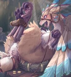 absurd_res animal_genitalia avian avian_feet bdsm blush bondage bound breasts bridle brown_body brown_feathers claws cloaca coin dragon duo feathers female feral genitals head_feathers hi_res human leash legs_tied leonardo_mohu lying mammal mythological_creature mythological_scalie mythology on_back scalie tail tongue tongue_out wings