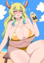 beer_bottle closed_eyes crossed_legs curvy drunk drunk_bubble female female_only gigantic_breasts intoxicated lucoa lucoa_(maidragon) miss_kobayashi's_dragon_maid nose_blush open_mouth sitting smile thick_thighs wide_hips