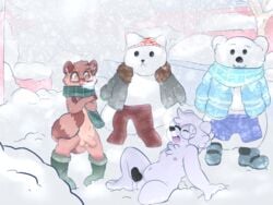 balls barefoot blush boots bottomless christmas clothed clothing duo exhibitionism footwear foreskin friends genitals haru holidays lars male male_only mammal nude penis plant polar_bear procyonid public raccoon scarf shoes snow snowman tree uncut undressing ursid ursine