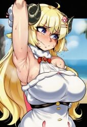 1girls 2d ai_generated arm_up armpit_fetish armpit_focus armpit_peek armpits big_breasts blonde_hair blue_eyes blush chubby chubby_female embarrassed female female_focus female_only fluffy hairclip hi_res hibiki120 hololive hololive_gen_4 hololive_japan horn huge_breasts large_breasts light-skinned_female long_hair looking_aside looking_away looking_to_the_side lower_body_out_of_frame one_arm_up outdoors outside sheep sheep_girl sheep_horns showing_armpits smelly_armpits solo standing steam steaming_body sweat sweaty sweaty_body tsunomaki_watame upper_body virtual_youtuber vtuber white_clothing