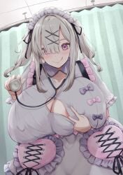 0806ohji 1girl absurdres alternate_breast_size_(larger) blush breasts cleavage_cutout clothing_cutout commentary_request commission covered_erect_nipples dress female female_only grey_dress grey_hair hair_over_eyes highres holding holding_stethoscope huge_breasts looking_at_viewer maid_headdress nijisanji nurse pink_eyes short_sleeves skeb_commission smile solo stethoscope sukoya_kana tongue tongue_out virtual_youtuber