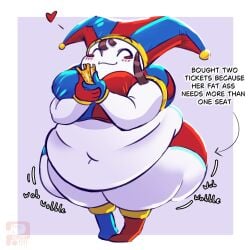 1girls ass belly blush blush_lines breasts brown_hair closed_eyes eyes_closed fat female female_focus female_only happy heart heart_symbol hips jester jester_hat jester_outfit large_ass large_breasts movie_ticket obese pomni_(the_amazing_digital_circus) shortstack stomach the_amazing_digital_circus thick_thighs thighs thisasecret1111 weight_gain wide_hips