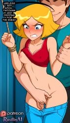 1boy 1girl 1girls ai_generated angry bdsm blonde_hair blue_eyes blush bondage bound bound_arms bound_wrists breasts captured captured_female clenched_hands clenched_teeth clover_(totally_spies) covered_nipples crop_top defeated defeated_female english english_text eyeless_male female female_focus fingering forced full-face_blush helpless humiliation imminent_rape imminent_sex indoors looking_down medium_breasts midriff navel nipples no_panties one_breast_out pants pants_down pants_pull pussy_juice rape rasilinai restrained restrained_arms rope shirt shirt_lift short_hair small_breasts stable_diffusion standing teeth text totally_spies vaginal_fingering