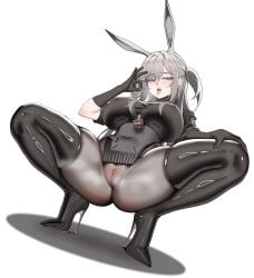 1girl absurdres animal_ears arknights black_boots black_gloves black_pantyhose blue_eyes blush boots breasts censored commentary_request covered_navel covered_nipples extra_ears fellatio_gesture full_body gloves grey_eyes grey_hair hand_on_own_knee heart high_heel_boots high_heels highres large_breasts long_hair looking_at_viewer mosaic_censoring no_panties one_side_up open_mouth oral_invitation pantyhose pussy rabbit_ears rabbit_girl sarkazsc savage_(arknights) see-through_clothes shirt simple_background solo spread_legs squatting steaming_body thigh_boots thighhighs thighs tongue tongue_out two_side_up white_background