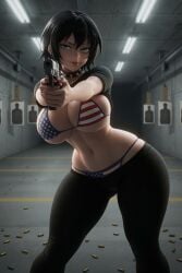1female 1girls ai_generated aiming aiming_at_viewer aiming_weapon american american_female american_flag_bikini big_breasts bikini black_choker black_hair breasts breasts_focus bullets choker curvy female female_focus female_only firearm gun holding_gun holding_pistol holding_weapon indoors inside large_breasts looking_at_viewer narrow_waist original original_character pistol sexy sexy_body sexy_female shirt shirt_lift shooting_range short_hair showing_off smile solo solo_female spiked_choker tagme weapon wide_hips