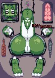 4_fingers absurd_res anal_beads anthro anus blush bodily_fluids claw_toes digital_media_(artwork) dildo female female_only fingers genitals green_body green_scales hanta hantanyaw44 heart_(marking) hi_res horn kobold markings picture_frame pixel_(artwork) raised_tail restraints scales scalie scared sex_toy solo spikes spotlight sweat tail text through_wall vulva white_body white_scales wooden_board