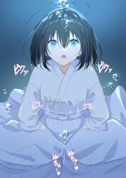 1girl after_masturbation air_bubble antenna_hair asphyxiation autoerotic_asphyxiation blue_eyes blue_hair blush bob_cut breasts bubble chestnut_mouth closed_mouth double-parted_bangs drowning empty_eyes fainted female female_only hair_between_eyes highres japanese_clothes kimono looking_up medium_breasts minagi_yuhiro motion_lines open_mouth original pool short_hair twitching underwater white_kimono yukata