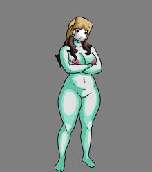 1girls arms_folded arms_under_breasts barefoot black_highlights breasts brown_hair chetoh commission commissioner_upload completely_naked completely_naked_female completely_nude completely_nude_female covered_face egg female female_focus female_only full_body fusion_character grey_background hair masked_gal naked naked_female nipples nude nude_female oc original original_character paper_bag paper_bag_on_head pink_nipples pussy rose_(chetoh) smile smiling smiling_at_viewer solo solo_female white_body