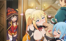 3girls 1boy threesome oral oral_sex sandwiched fellatio deepthroat penis partially_clothed torn_clothes kiss_mark lipstick_mark naughty_face torogao blush ahoge surprised crotch_grab peeking watching staring motion_lines heavy_breathing large_breasts nipples leg_grab indoors door female_masturbation hearts horny aroused lustful_gaze konosuba kono_subarashii_sekai_ni_shukufuku_wo! ai_generated watermark zzz7 seductive aqua_(konosuba) megumin darkness_(konosuba)