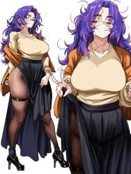 1girl 1girls absurdres big_breasts black_shoes black_skirt blurry blurry_foreground boku_no_hero_academia boku_no_hero_academia_(finale) breasts brown_pantyhose closed_mouth collarbone commentary convenient_censoring glasses highres kaina_tsutsumi lady_nagant large_breasts long_hair looking_at_viewer multicolored_hair multiple_views my_hero_academia my_hero_academia_(finale) one_eye_closed pantyhose post-timeskip purple_hair round_eyewear scar scar_across_eye scar_on_face scar_on_neck shoes simple_background skirt smile spanish_commentary standing thigh_strap two-tone_hair vlizz white_background