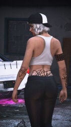 1girls 3d absurd_res absurd_resolution absurdres artist_request ass ass_focus back_view_female black_leggings emotionless emotionless_female filtered grand_theft_auto grand_theft_auto_online gta_online_female_character high_resolution highres leggings mature_female rockstar_editor short-haired_female source_request sports_car standing tagme tattoos text tomboy unbothered uncaring uncaring_female walking_away white-haired_female