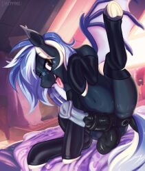 2026 anus bat bat_pony bedroom_eyes butt clothing dark dripponi equid friendship_is_magic half_clothed hasbro hi_res latex latex_clothing latex_legwear leggings legwear male mammal mottled musk musky_penis my_little_pony narrowed_eyes navel presenting seductive solo spreading stockings tongue vesper wings