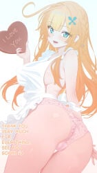 1girl 1girls apron ass bangs blush braid breasts cameltoe candy chocolate english_text escoffier_(genshin_impact) food from_behind genshin_impact gradient hair_ornament heart heart-shaped_chocolate holding large_breasts long_hair looking_at_viewer neurotic_neko open_mouth orange_hair panties pink_panties sideboob simple_background smile solo underwear white_background