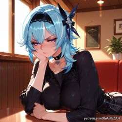 1girl 2026 ai_generated anime bangs belt black_hairband black_shirt blue_hair blush boobs breasts casual choker cleavage closed_mouth collarbone contemporary covered_nipples crossover eula_(genshin_impact) eye_contact female female_focus female_only flushed genshin_impact hair_accessory hair_ornament hairband head_rest highres hoyoverse huge_breasts indoors inside large_breasts long_sleeves looking_at_viewer medium_hair mihoyo neutral_expression nsfw patreon patreon_logo patreon_username plaid_skirt purple_eyes rognezart shirt sitting skirt solo window