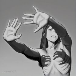 1girls ai_generated anime black_hair eizouken_ni_wa_te_wo_dasu_na! female female_only freckles glasses glasses_on_head hands_casting_shadow hands_raised high_contrast kanamori_sayaka long_hair looking_away monochrome ribs shadow skinny skinny_female small_breasts